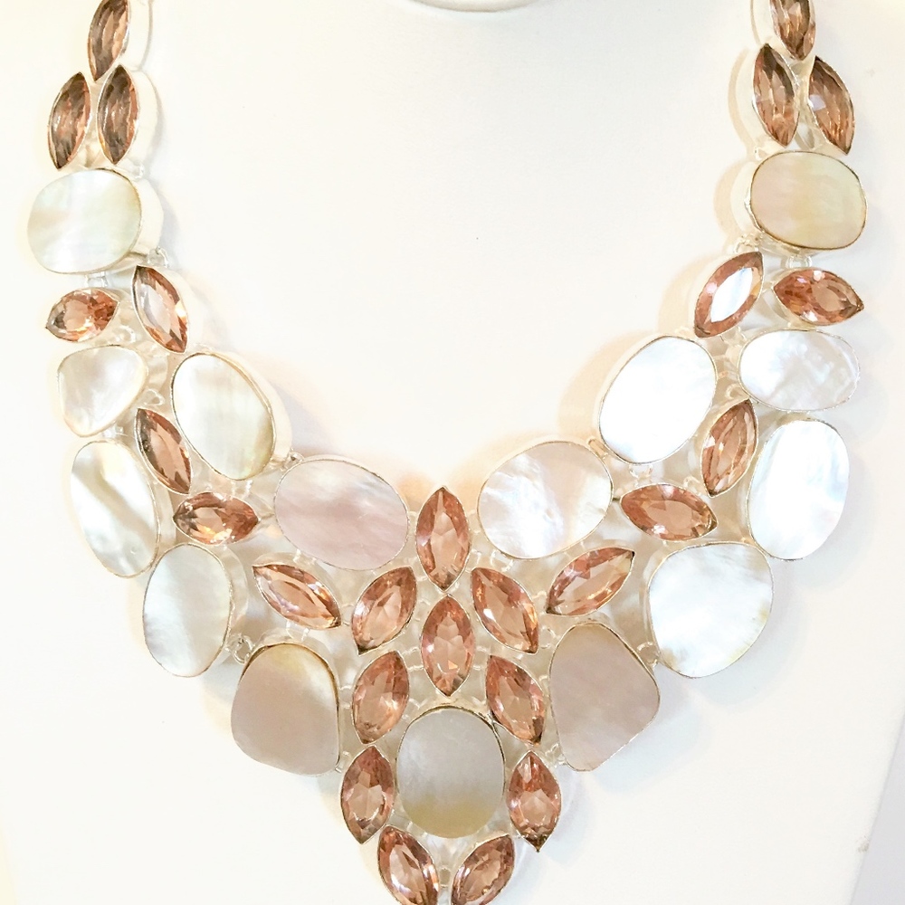 Mother of Pearl & Peach Crystal 925 Silver Statement Necklace